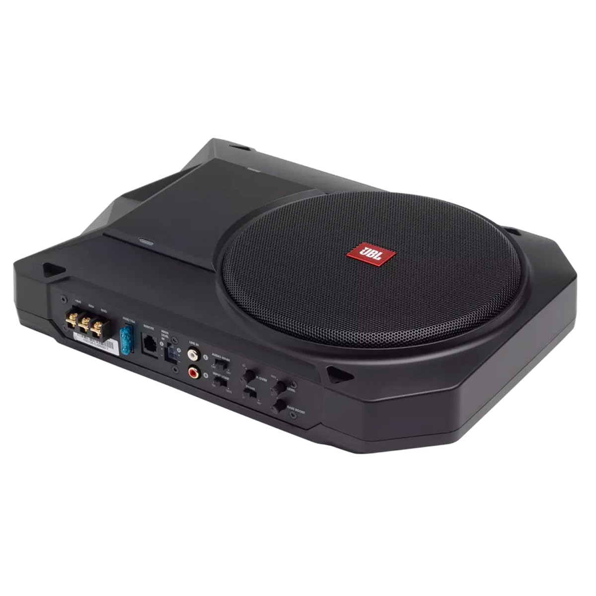 JBL BassPro SL2 Aktiv Subwoofer Auto Set - Car hifi Untersitz Bassbox Gehäuse mit Bassreflex Woofer box groß 200mm und 125 Watt aktiver Verstärker, Schwarz, 44