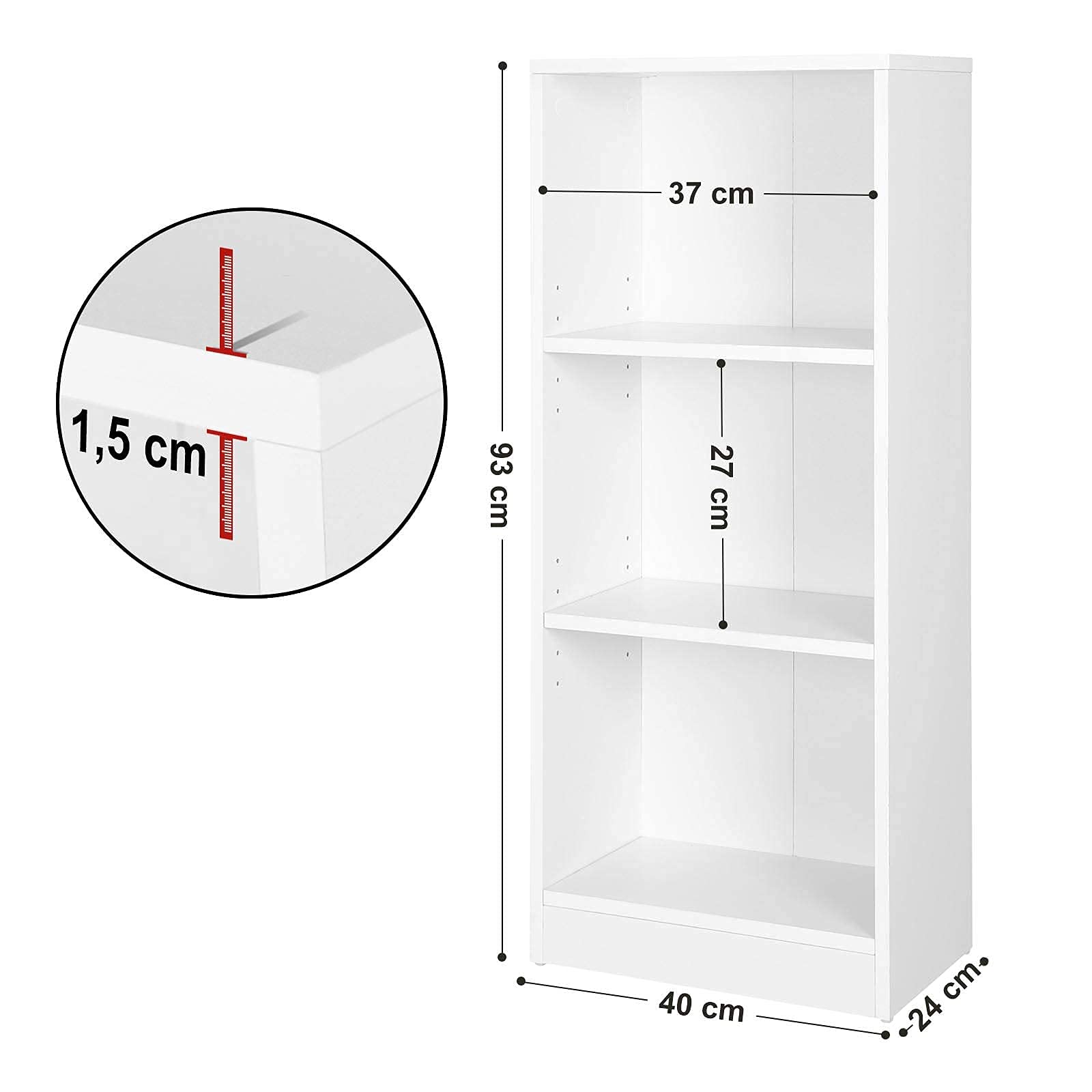 VASAGLE Bücherregal, Regal mit 3 Fächern, Standregal, mit höhenverstellbaren Ablagen, für Wohnzimmer, Kinderzimmer, Büro, 24 x 40 x 93 cm, weiß LBC103W