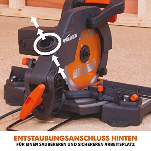 Evolution Gehrungssäge R210CMS | 1200 W Gehrungssäge | Inkl. Ø 210 mm HM-Sägeblatt Multi-Material-Schneiden Holz, Aluminium, Stahl, Kunststoff | 0°- 45° Fase und 45°- 45° Gehrungswinkel | Kappsäge