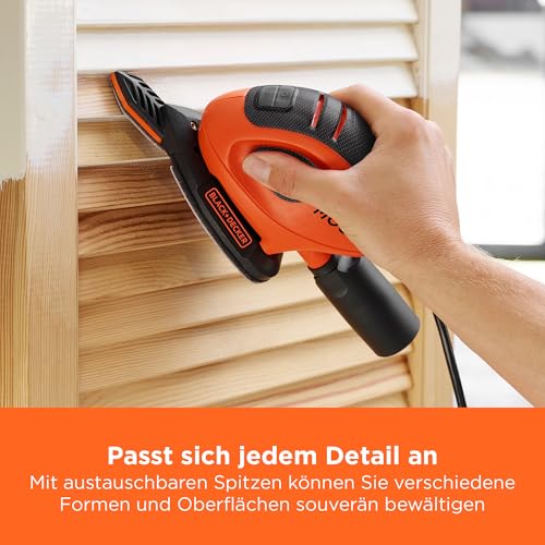 BLACK+DECKER 55W Kompakter elektrischer Deltaschleifer, mit Staubabsauganschluss und 15 Zubehörteilen, inklusive Schleifblättern, Detailschleifspitzen und einer Softtasche, BEW230BC-QS