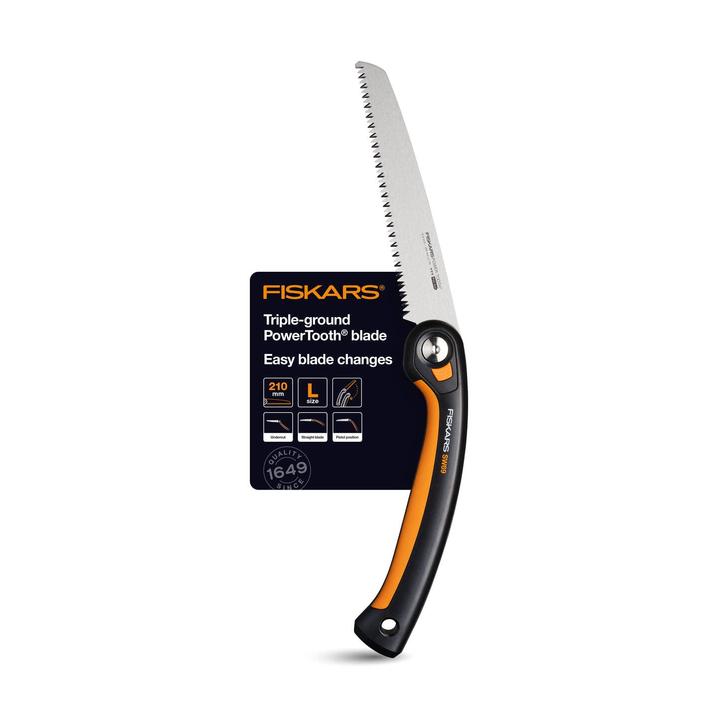 Fiskars Plus Klappsäge, Für dicke Stämme und Äste, 3 Schneidpositionen, Scharfes Power Tooth-Blatt, Grobzahnung, Blattlänge: 21 cm, Schwarz/Orange, SW69, 1067553