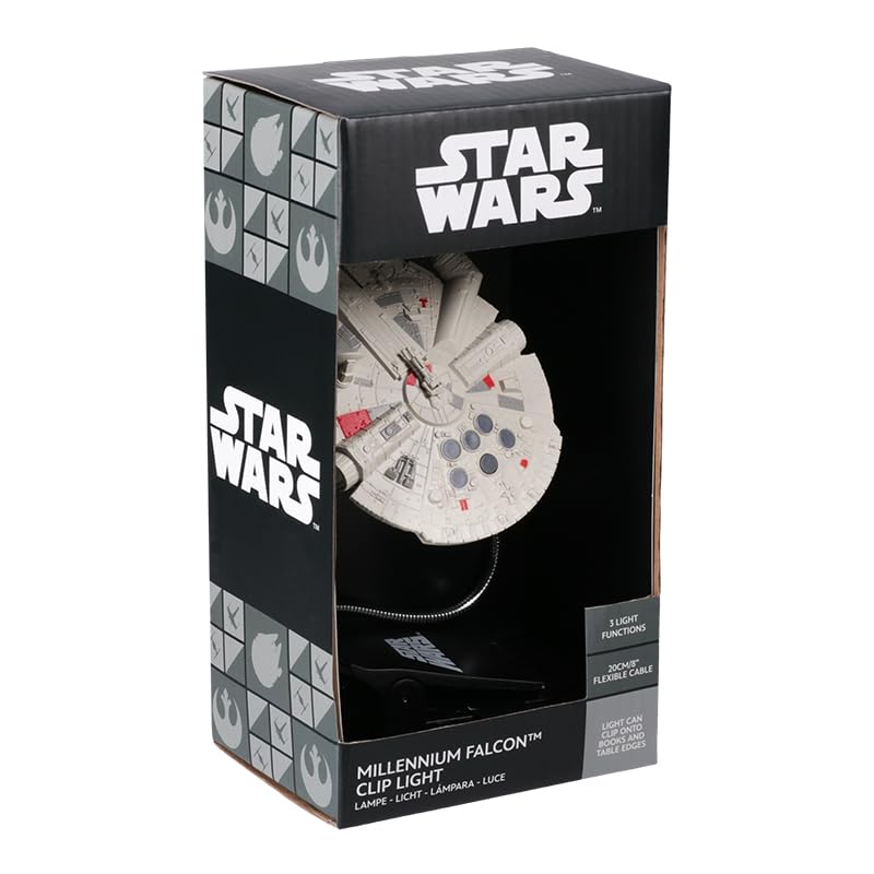 Star Wars Millennium Falcon Buchleuchte zum Anklippen, offiziell lizenziertes Disney-Leselicht, Clip-Lampen-Design mit flexiblem Kabel, mit ikonischem Han Solo Raumschiff, 3 Lichtmodi,