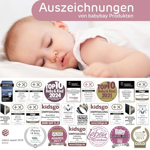 babybay Original Beistellbett aus massivem Buchenholz/kompakt & verwandelbar/Kinderbett Höhe stufenlos verstellbar/mitwachsendes Babybett (weiß lackiert) / inkl. Matratze, Gitter, Rollen
