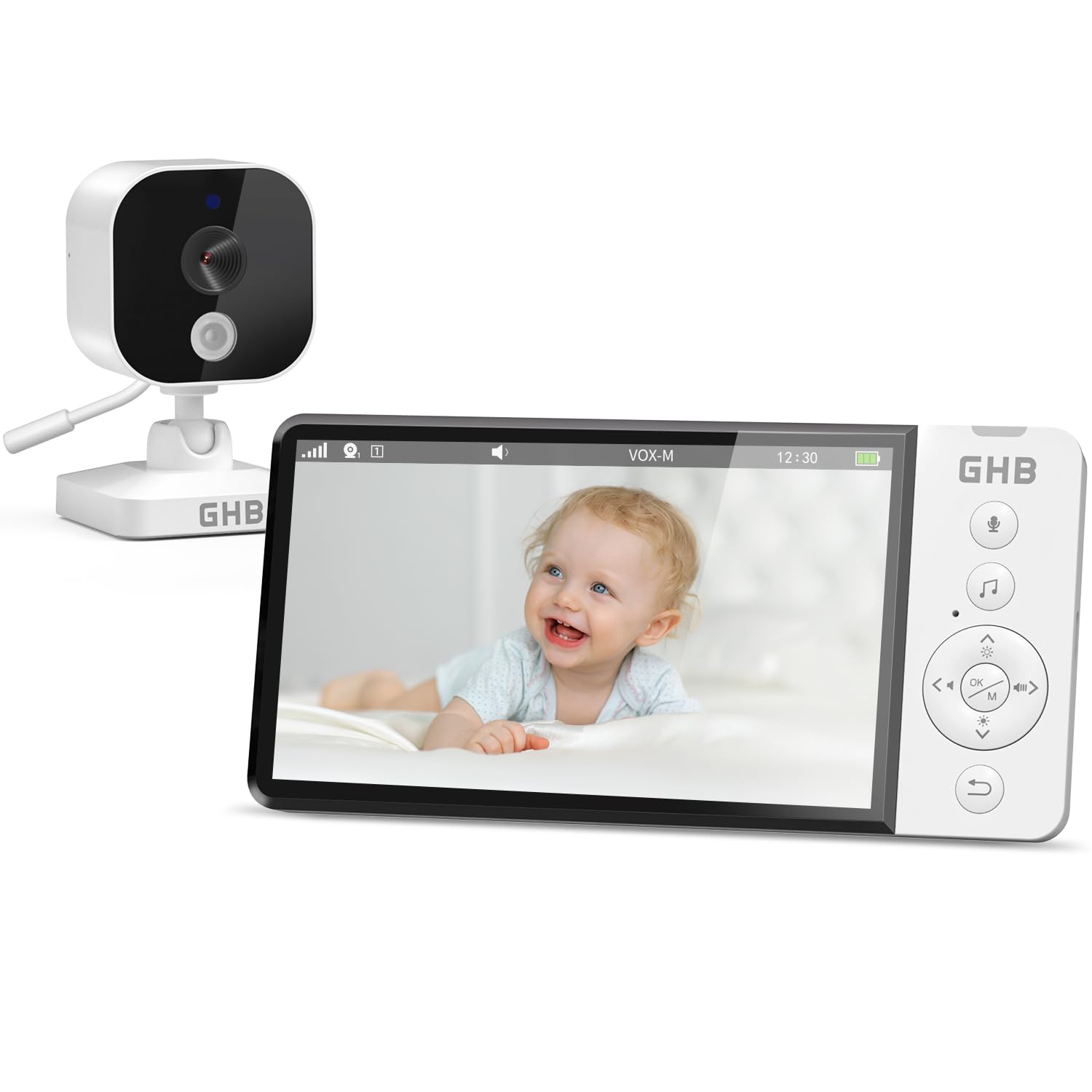 GHB Babyphone mit Kamera 5 Zoll 720P HD 5000mAh IPS-Display VOX-Modus 4X Zoom Nachtsicht Gegensprechen Temperaturanzeige Nicht drehbar