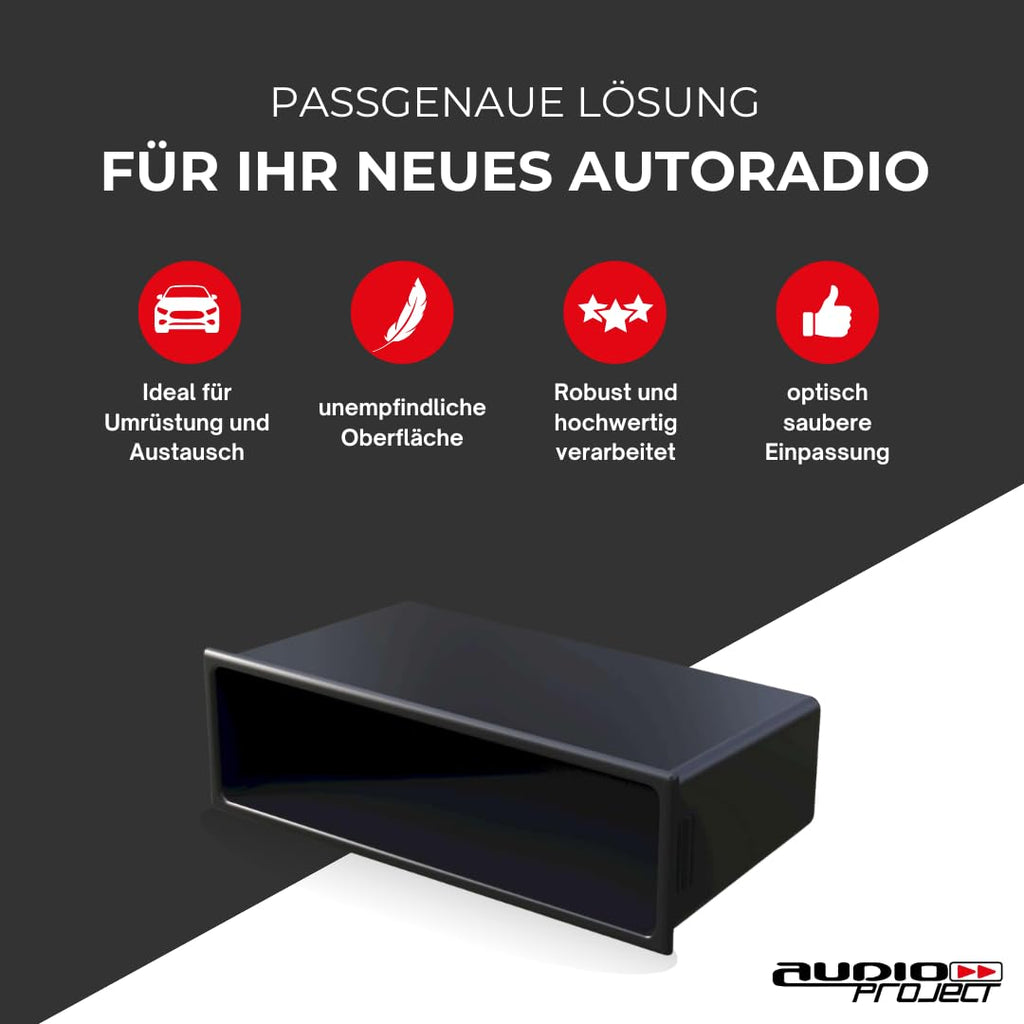 Audioproject A184 - Autoradio Universal Ablagefach 1 DIN Radio Ausschnitt Radioblende kompatibel für VW Golf VW Passat 3BG VW Polo VW Lupo Volvo Skoda Seat FIAT Mazda Ford Audi Mercedes ISO