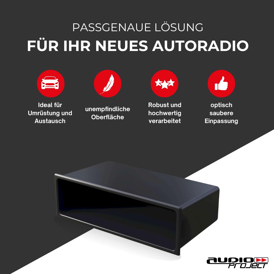 Audioproject A184 - Autoradio Universal Ablagefach 1 DIN Radio Ausschnitt Radioblende kompatibel für VW Golf VW Passat 3BG VW Polo VW Lupo Volvo Skoda Seat FIAT Mazda Ford Audi Mercedes ISO