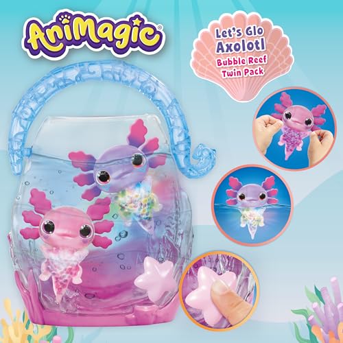 Animagic - Let's Glo Axolotl Bubble Reef Pack :1 Interaktives Aquarium + 2 Axolotl (Rosa & Lila), Elektronische & leuchtende Freunde, Sensorisches Spielzeug für Kinder ab 4 Jahren