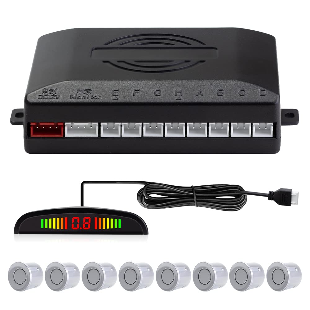 Einparkhilfe mit 8 Vorne Hinteren Parksensoren mit Summer LED-Anzeige (8 Sensoren, Silber)