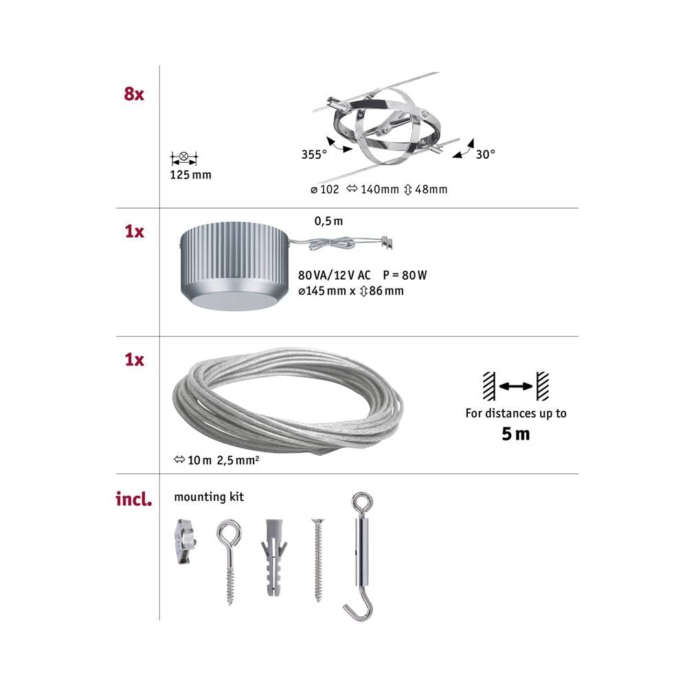 Paulmann 94153 Seilsystem Set Cardan max. 8x10W GU5,3 dimmbar Metall Seilsystem Seilleuchte Seillampe LED ohne Leuchtmittel
