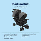 Graco Stadium Duo Geschwisterwagen, Zwillingswagen, 0-15 kg, auch mit Babyschale nutzbar, verstellbare Rückenlehnen, zusammenklappbar, freistehend, großer Staukorb, inkl. Snacktabletts, Titanium