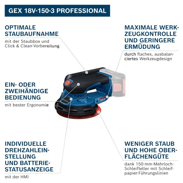 Bosch Professional 18V System Akku-Schleifer GEX 18V-150-3 (inkl. 1x Schleifpapier, 1x Staubbox, 1x Schutzring, L-BOXX 162)