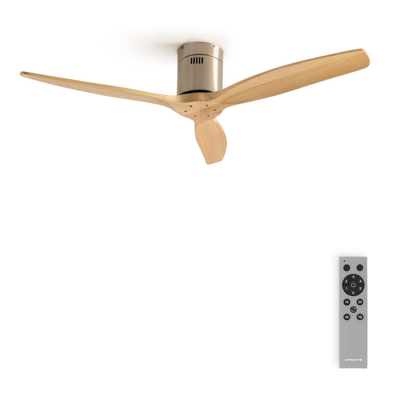 CREATE / WINDCALM M/Deckenventilator ABS Nickel Hellesholzflügel-Optik mit Fernbedienung / 40W, Leise, Ø132cm, Timer von 1 bis 4 Std., DC-Motor, Sommer-Winterbetrieb