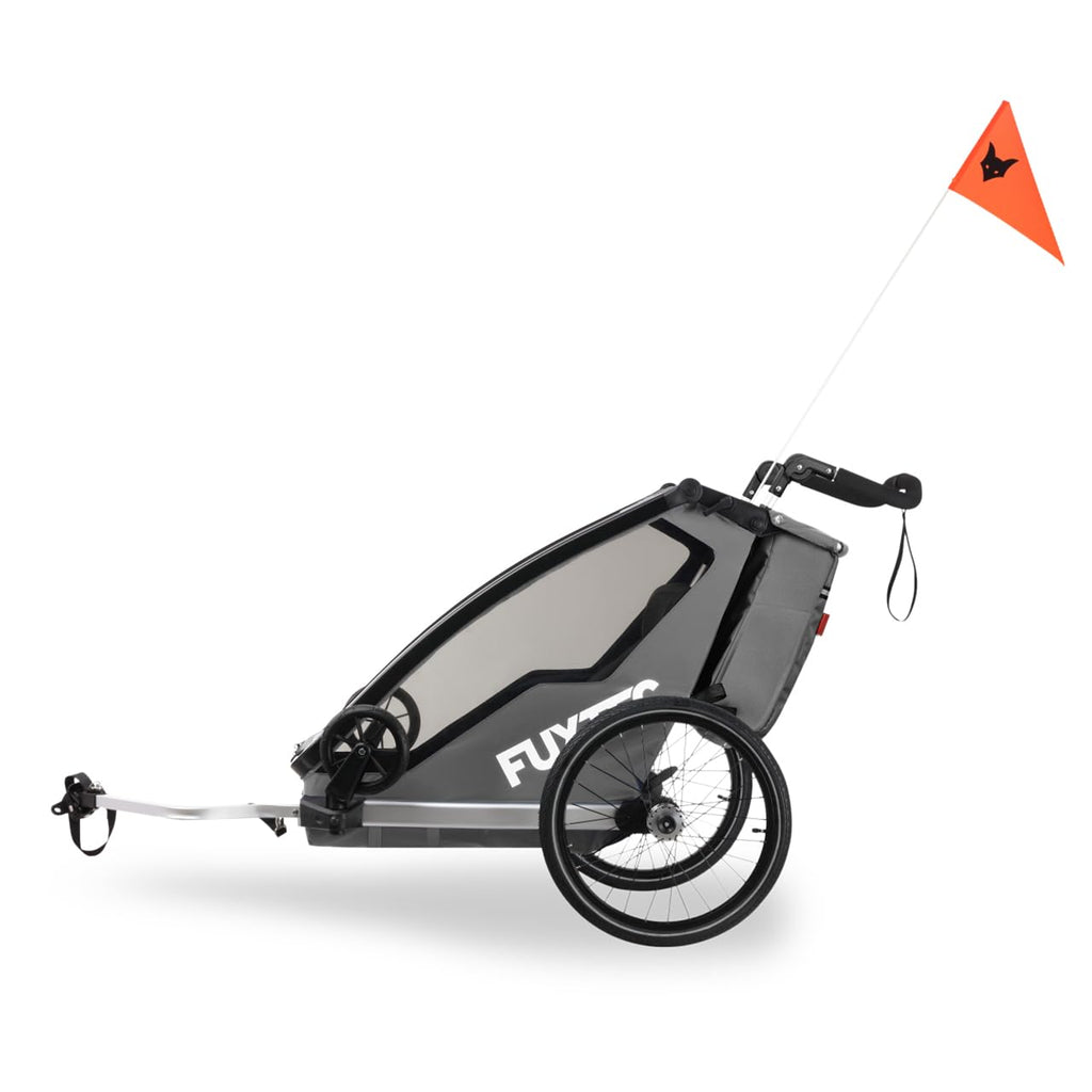 FUXTEC Kinderfahrradanhänger FX-FA1S, EIN-Sitzer faltbar mit Schiebegriff und Regenschutz, integrierter Anschnallgurt und Handgelenksband, max. Zuladung 35kg, inkl. Kupplung und Sicherheitsfahne
