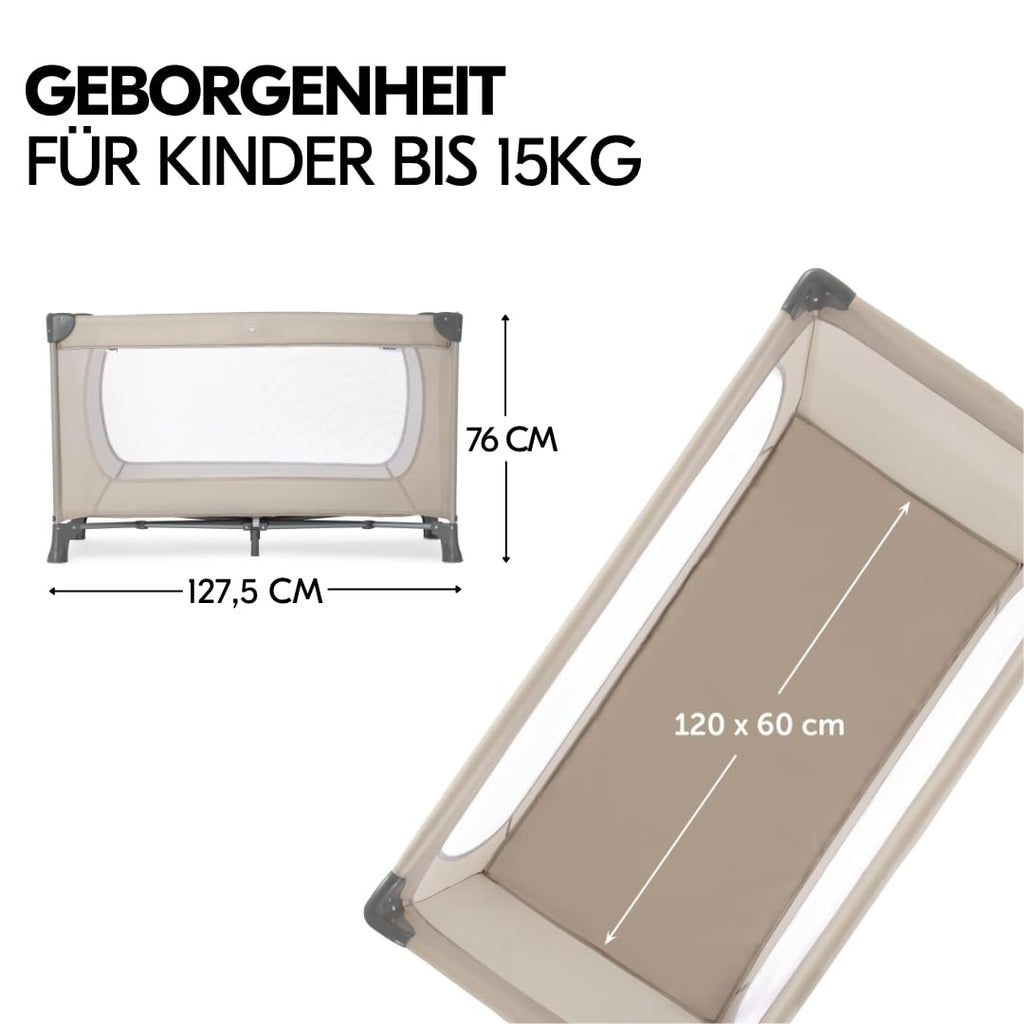 hauck Baby Reisebett Set Dream N Play mit extra Alvi Komfort Matratze und Moskitonetz - faltbares Kinder Babyreisebett mit Tasche - Beige