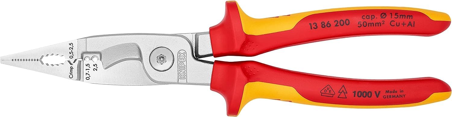 KNIPEX Elektro-Installationszange auf SB-Karte verchromt isoliert mit Mehrkomponenten-Hüllen, VDE-geprüft 200 mm, 13 86 200 SB