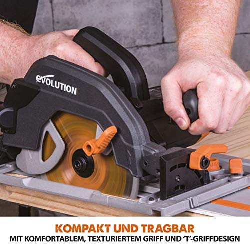 Evolution Handkreissäge R185CCSX Kreissäge Tauchsäge 1600W Inkl. Ø 185 mm HM-Sägeblatt Multi-Material-Schneiden Holz, Aluminium, Stahl, Kunststoff | Mit 3-teiliger 1020mm Mini-Schiene Führungsschiene