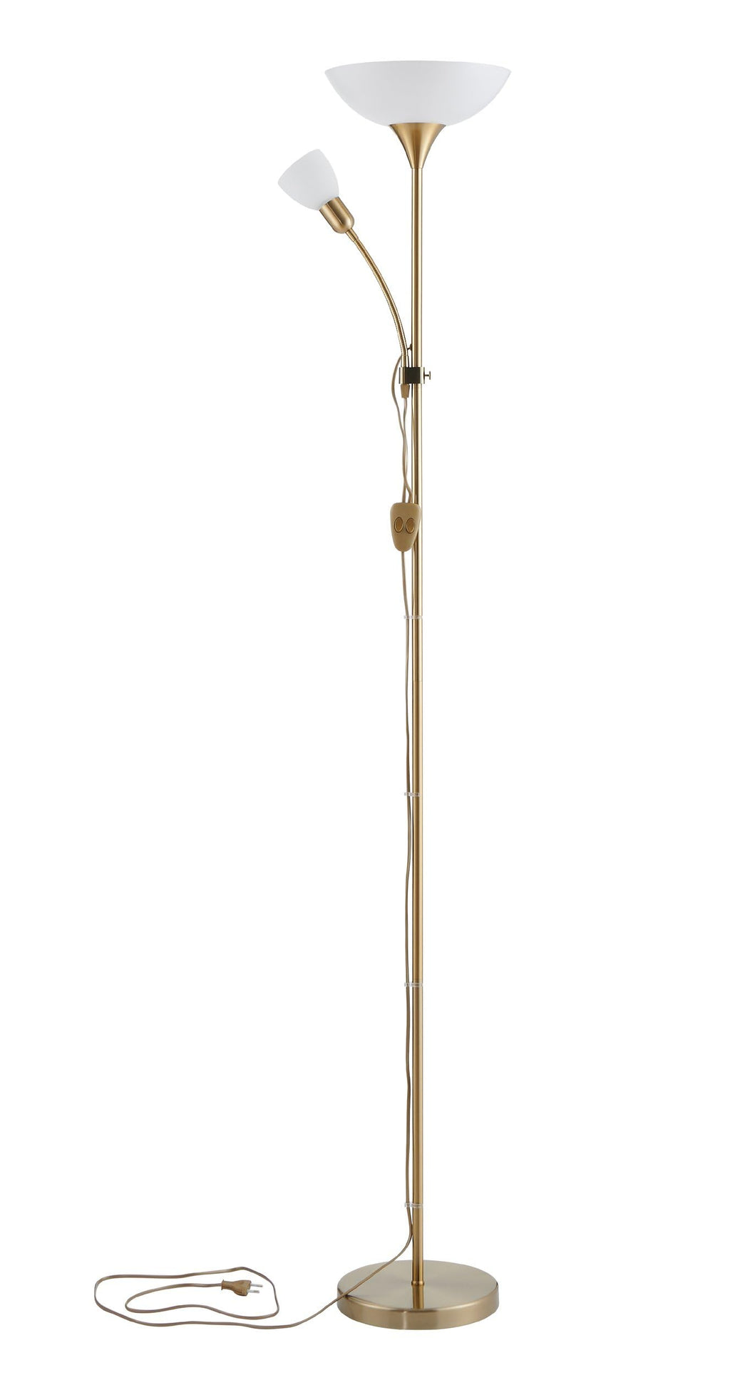 EGLO Stehlampe Up 2, 2 flammige Stehleuchte, Standleuchte aus Metall, Glas und Kunststoff, Wohnzimmerlampe in Messing-Matt, Weiß, Lampe mit Schalter, Deckenfluter mit Leselampe, E27 E14