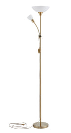 EGLO Stehlampe Up 2, 2 flammige Stehleuchte, Standleuchte aus Metall, Glas und Kunststoff, Wohnzimmerlampe in Messing-Matt, Weiß, Lampe mit Schalter, Deckenfluter mit Leselampe, E27 E14