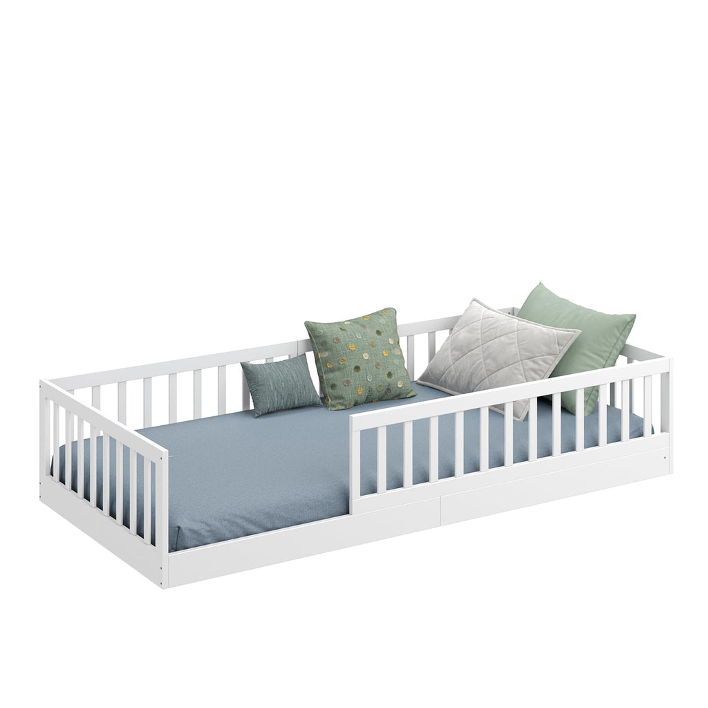 CADANI Timi Bodenbett 90x200 cm, bis 200 kg belastbar, Rausfallschutz abnehmbar, Montessori Kinderbett aus Kiefer Massivholz inkl. Roll-Lattenrost, Weiss