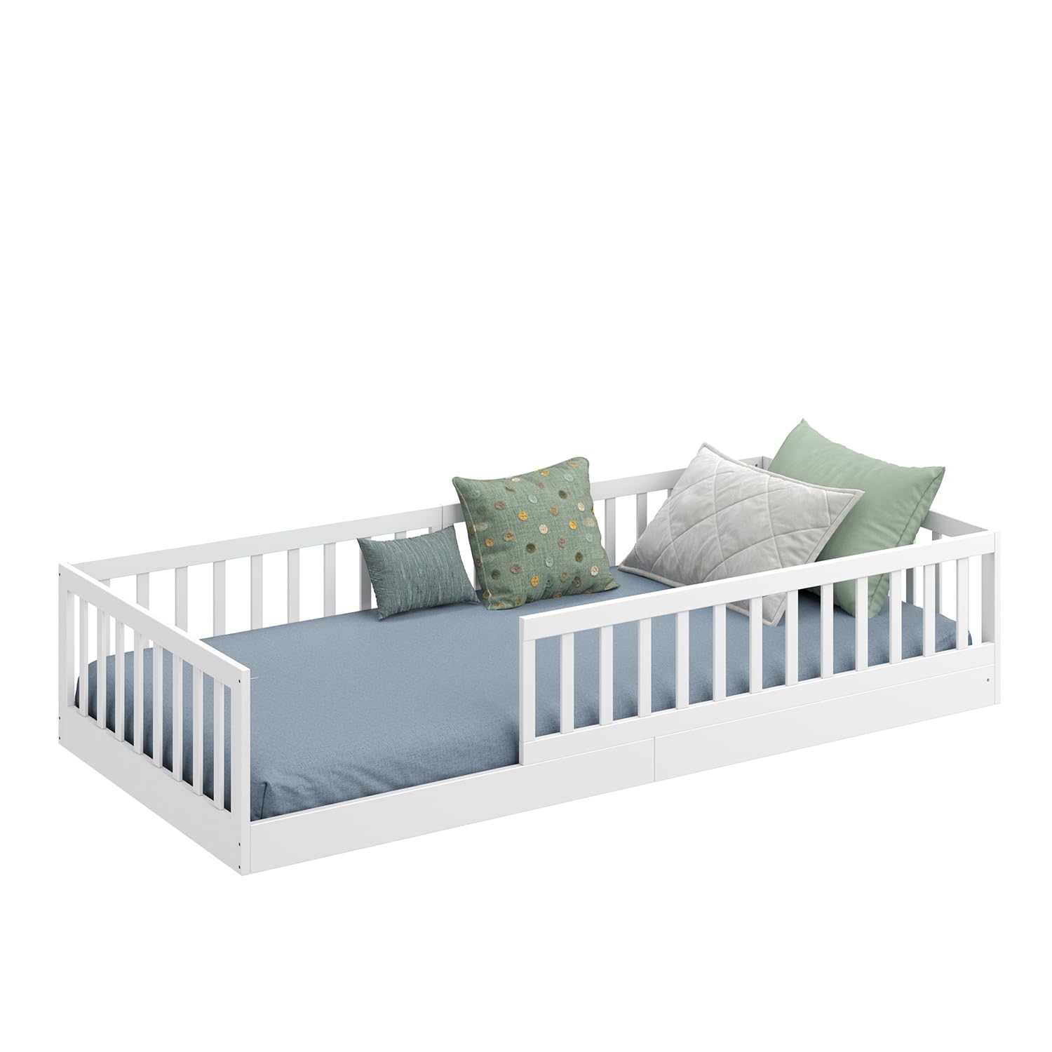 CADANI Timi Bodenbett 90x200 cm, bis 200 kg belastbar, Rausfallschutz abnehmbar, Montessori Kinderbett aus Kiefer Massivholz inkl. Roll-Lattenrost, Weiss