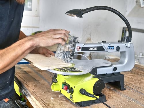 RYOBI 125 W Dekupiersäge RSW1240G, 127 mm Sägeblatt, 405 mm Schnittkapazität, neigbarer Tisch, Staubabsaugung, Arbeitslicht