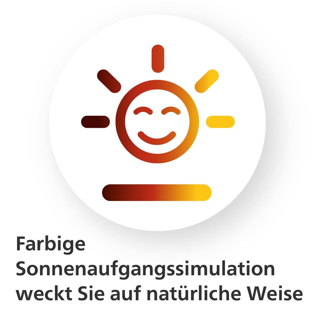 Philips Wake-up Light, farbige Sonnenaufgangssimulation, 20 Lichtstärken, 7 natürliche Klänge, Mitternachtslicht (Modell HF3531/01)