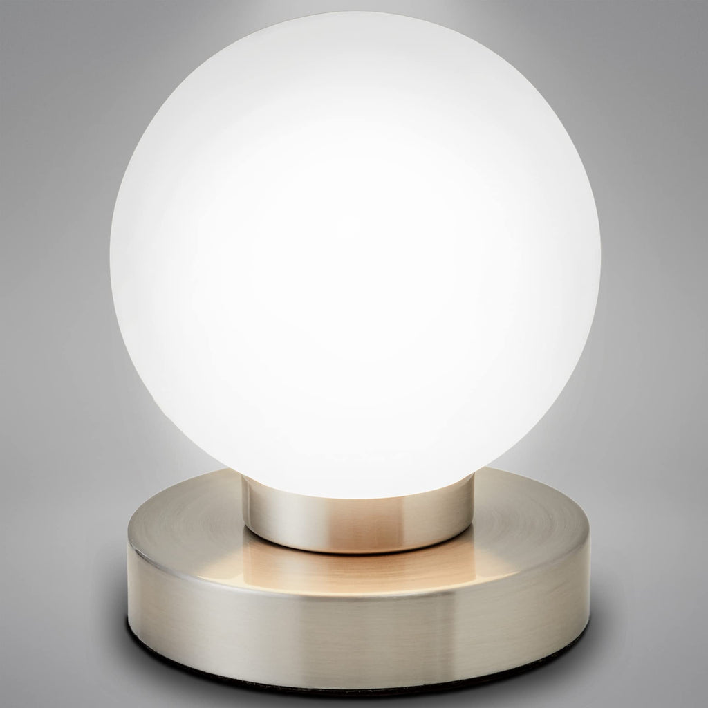 B.K.Licht - Nachttischlampe mit Touch, Dimmbar, E14 Fassung, Kugel Glas weiß, Tischlampe, Lampe, Nachttischleuchte, Tischleuchte, Bürolampe, Leselampe, Leselicht, 12,6x15,7 cm (DxH), Matt-nickel