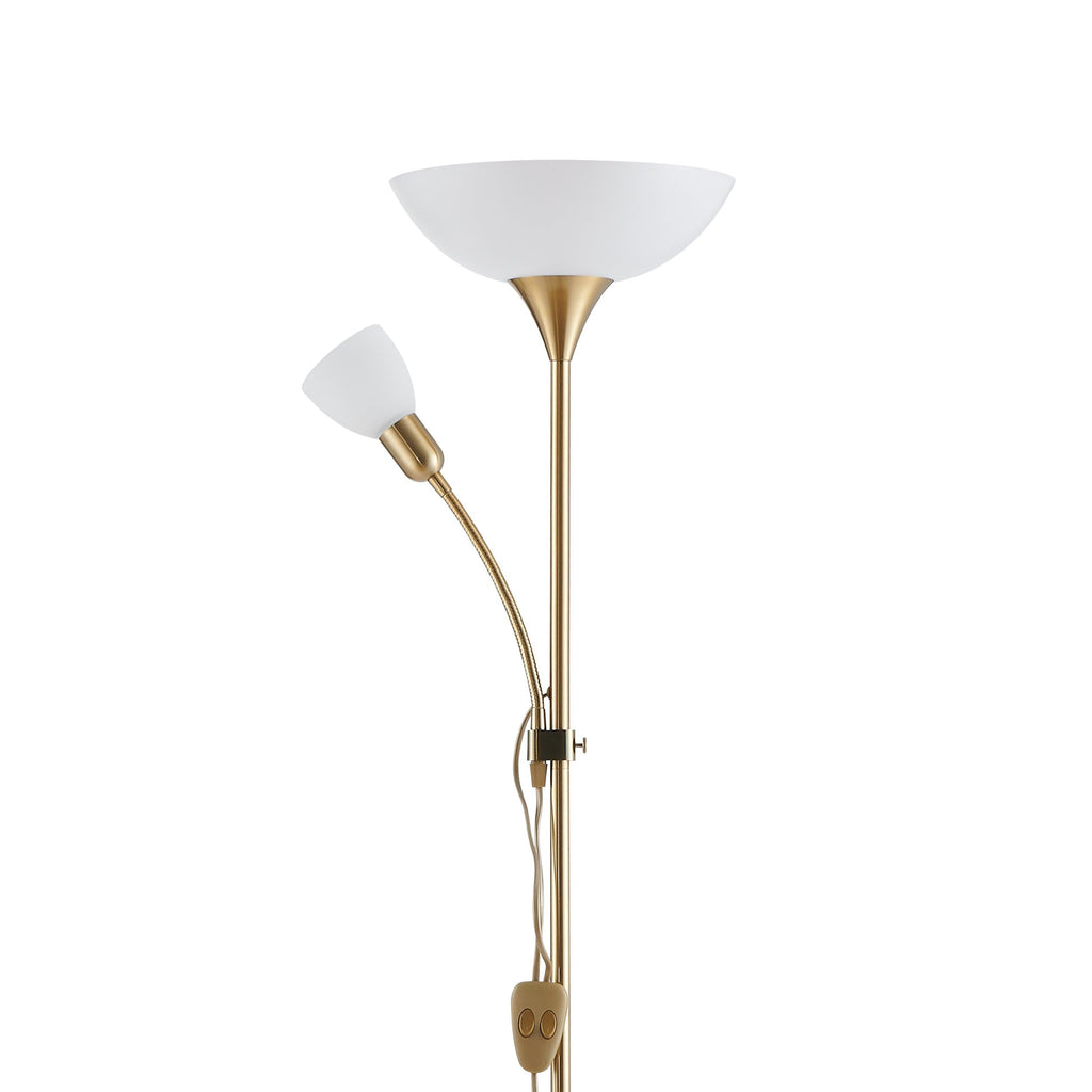 EGLO Stehlampe Up 2, 2 flammige Stehleuchte, Standleuchte aus Metall, Glas und Kunststoff, Wohnzimmerlampe in Messing-Matt, Weiß, Lampe mit Schalter, Deckenfluter mit Leselampe, E27 E14