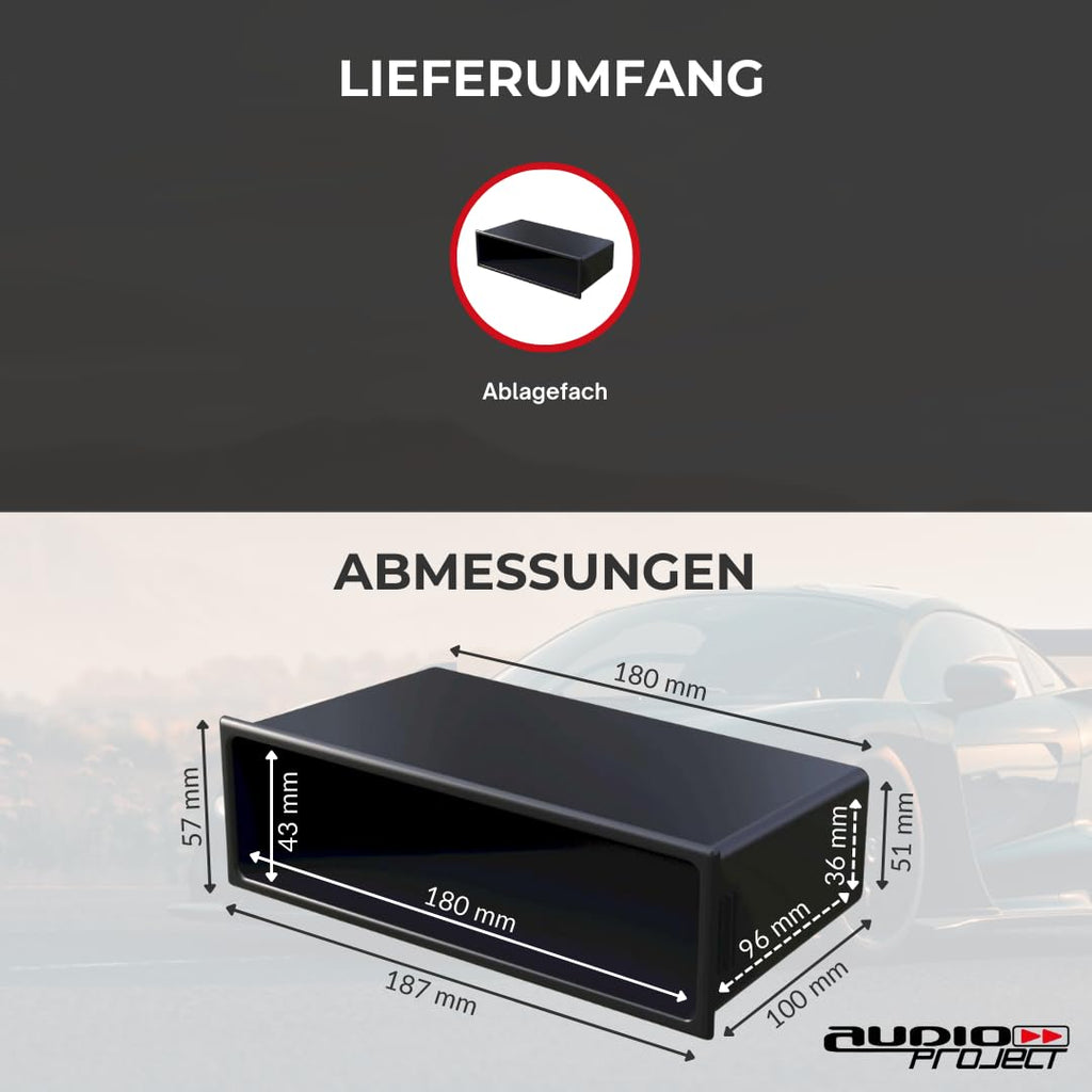 Audioproject A184 - Autoradio Universal Ablagefach 1 DIN Radio Ausschnitt Radioblende kompatibel für VW Golf VW Passat 3BG VW Polo VW Lupo Volvo Skoda Seat FIAT Mazda Ford Audi Mercedes ISO