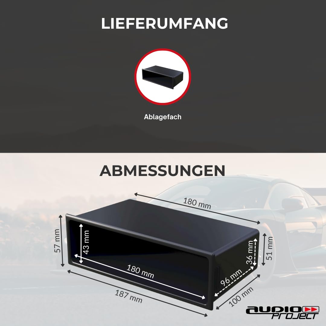 Audioproject A184 - Autoradio Universal Ablagefach 1 DIN Radio Ausschnitt Radioblende kompatibel für VW Golf VW Passat 3BG VW Polo VW Lupo Volvo Skoda Seat FIAT Mazda Ford Audi Mercedes ISO