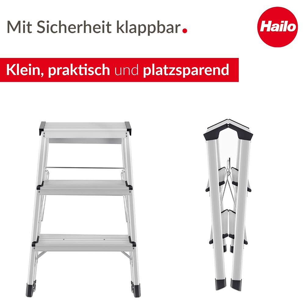Hailo D60 StandardLine Alu-Klapptritt-Leiter - 2x3 Stufen belastbar bis 150 kg - Trittleiter mit Klappsperre - Füße mit Soft-Grip-Sohle - platzsparend zusammenklappbar - Aluleiter rostfrei - Silber