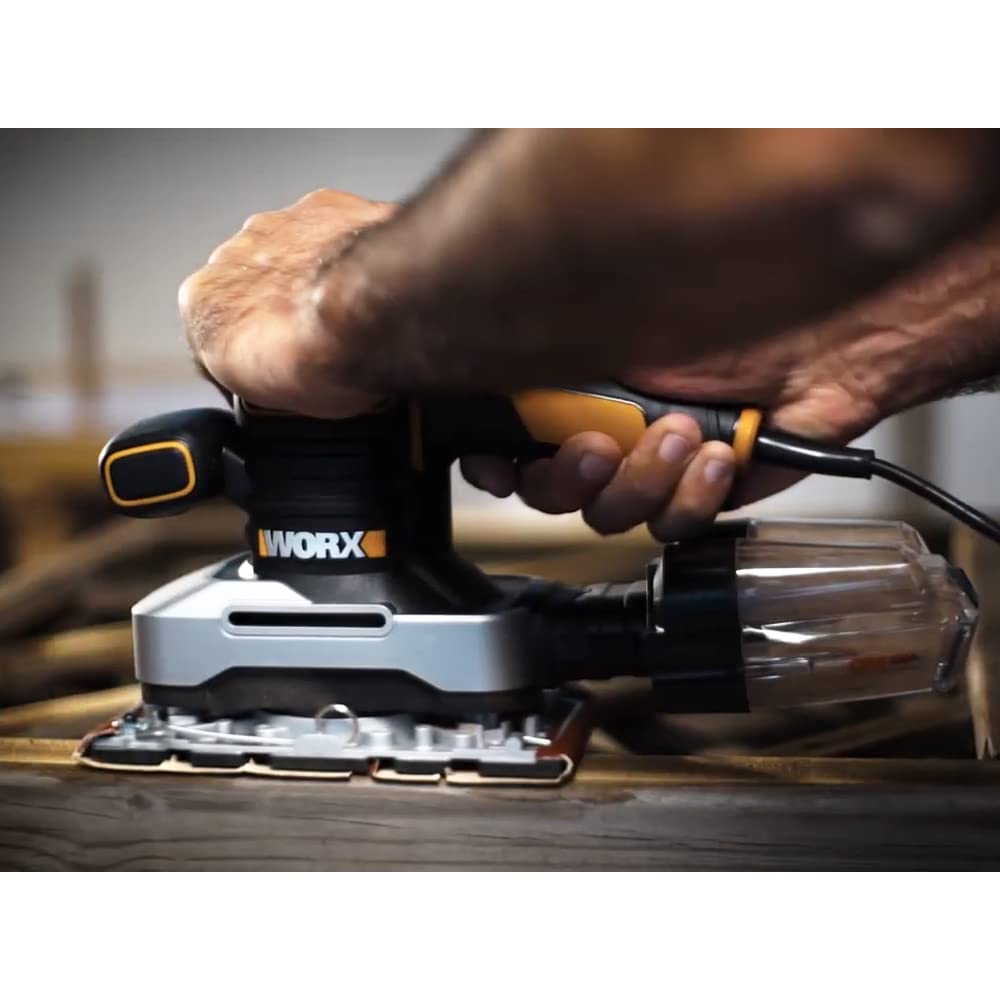 WORX WX642.1 Schwingschleifer 270W– Elektrisches Profi Schleifwerkzeug – Schleifen ohne Staub – Inkl. Schleifpapier & Koffer, Schwarz, Orange