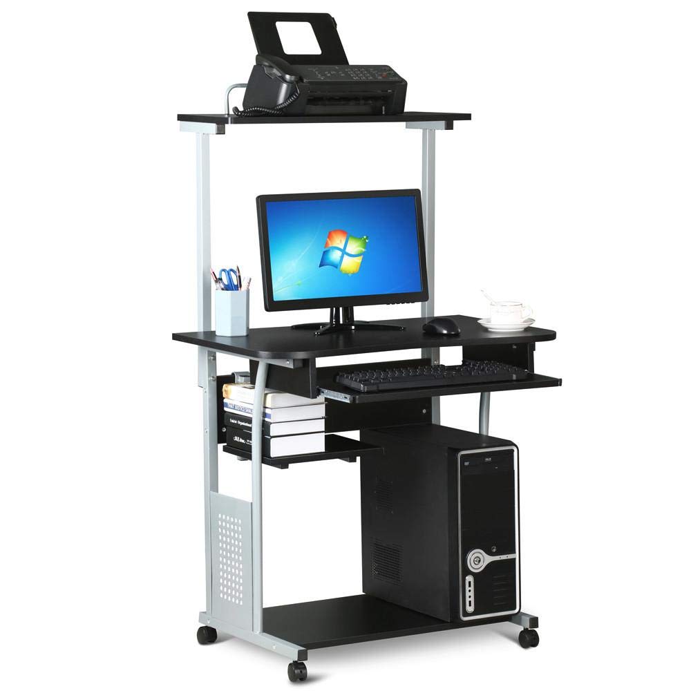 Yaheetech Schreibtisch mit Druckerregal Computertisch schwarz PC Tisch mit 4 Rollen 80 x 50 x 132 cm