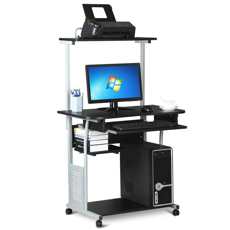 Yaheetech Schreibtisch mit Druckerregal Computertisch schwarz PC Tisch mit 4 Rollen 80 x 50 x 132 cm