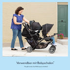 Graco Stadium Duo Geschwisterwagen, Zwillingswagen, 0-15 kg, auch mit Babyschale nutzbar, verstellbare Rückenlehnen, zusammenklappbar, freistehend, großer Staukorb, inkl. Snacktabletts, Titanium