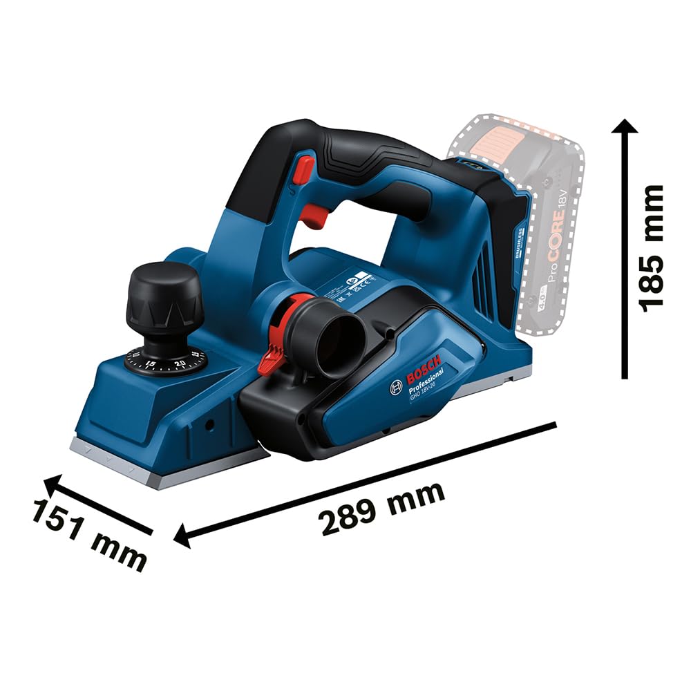 Bosch Professional 18V System Akku Hobel GHO 18V-26 (bürstenloser Motor, inkl. Staubbeutel, Parallelanschlag, 1x Wood Razor Wendemesser, L-BOXX, ohne Akku/ Ladegerät)