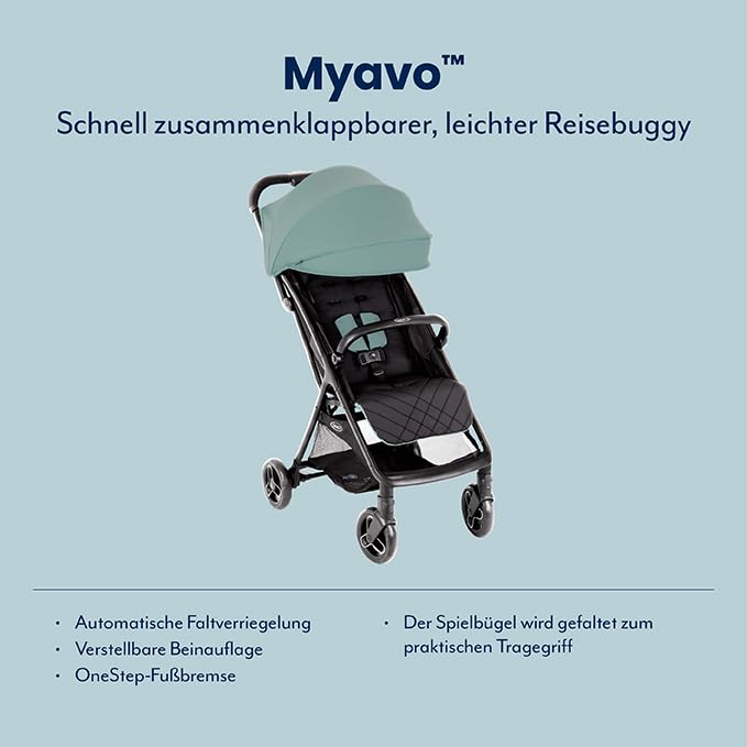 Graco Myavo™ Reisebuggy, ab Geburt bis ca. 4 Jahre (bis 22 kg), leicht, schnell zusammenklappbar, zusammengeklappt freistehend, großer Staukorb, inkl. Regenverdeck, Mint