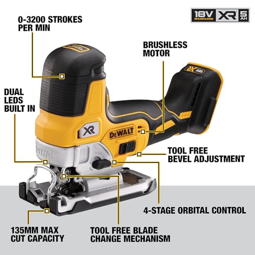 Dewalt 18V Akku-Pendelhubstichsäge DCS335NT (bürstenlos, verstellbarer Alu-Druckguss-Sägeschuh, 3-fach Pendelhub, inkl. Absaugadpater, Sägeschuh-Schutzauflage, TSTAK Box II, Lieferung ohne Akku)