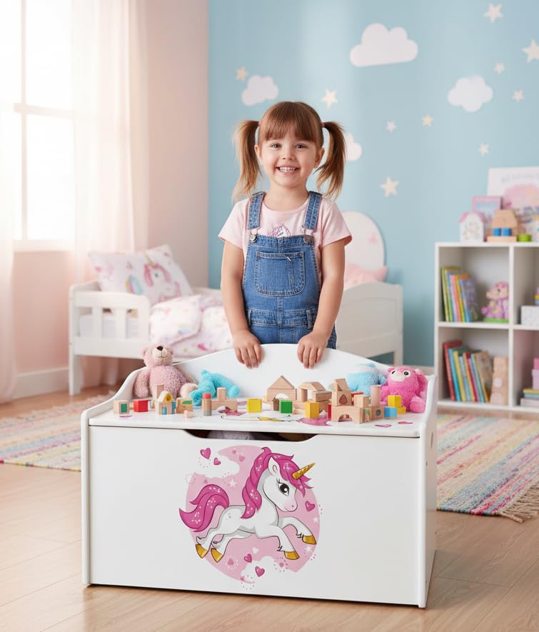 Leomark Kinderbank Hölzerne - UV-Druck: Rosa Einhorn - Kindertruhenbank, Behälter für Spielzeug, Truhe für Kinderzimmer, Höhe: 46 cm