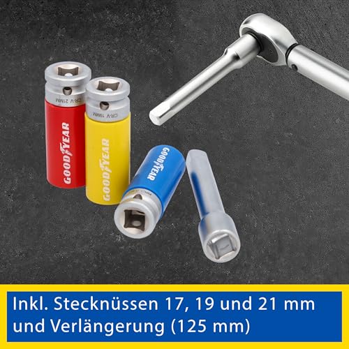 Goodyear Radwechselset, 6-teilig, Drehmomentschlüssel + Umschaltknarre + 3-tlg. Steckschlüsselsatz + Verlängerung, Box, Schwarz