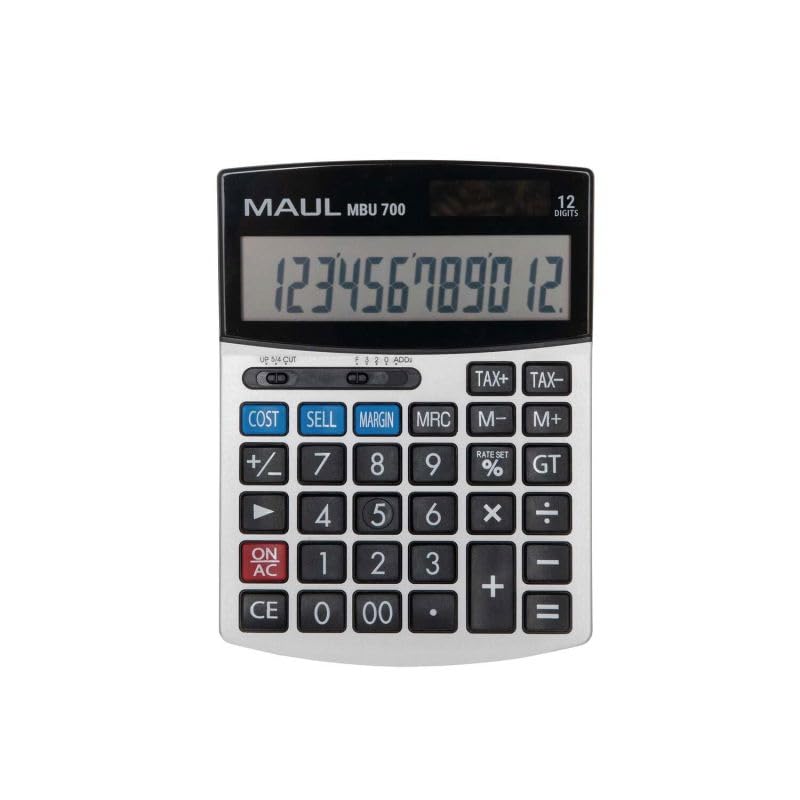 Maul kaufmännischer Taschenrechner MBU 700 | Taschenrechner groß mit kaufmännischen Funktionen | 12-stelliges Display | inkl. Gewinn-Kosten-Marge-Funktion | Solar/Batterie | Schwarz