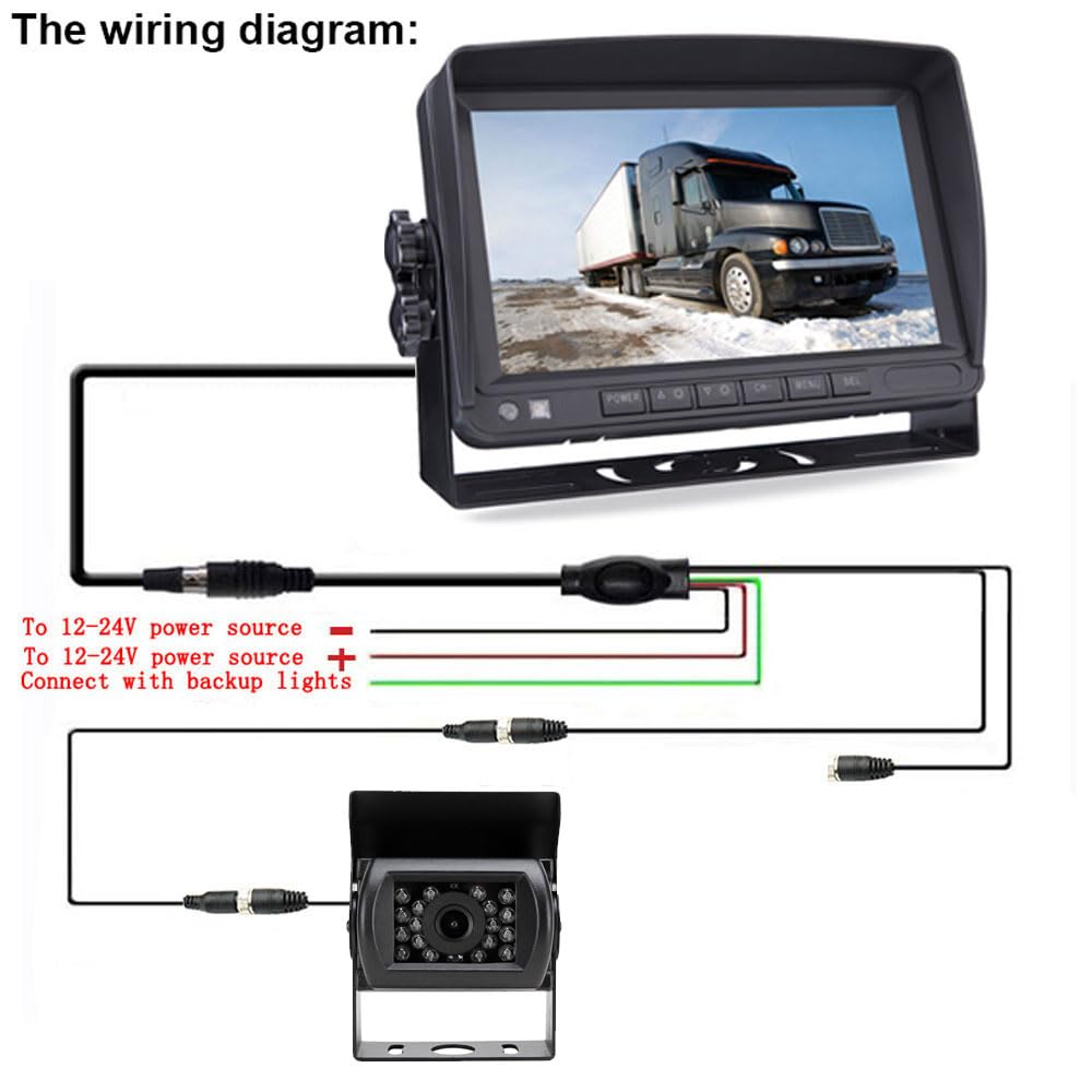 4Pin 17,8cm (7 Zoll) TFT LCD HD Farbmonitor mit Sonnenschutz-Halterung, wasserdicht 18LED Nachtsicht Rückfahrkamera mit 10m Kabel für Wohnmobil/Bus/Anhänger/LKW