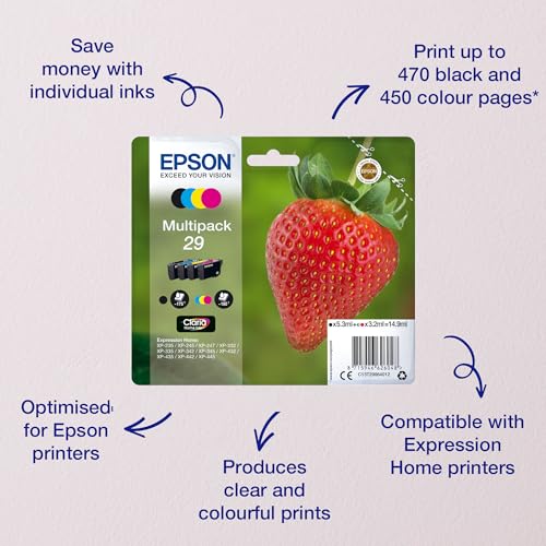 Epson Original 29 Tinte Erdbeere, XP-235 XP-332 XP-335 XP-432 XP-435 XP-245 XP-342 XP-345 XP-442 XP-445 XP-247 XP-257 XP-255 XP-352 XP-355 XP-452 XP-455, (Multipack 4-farbig)