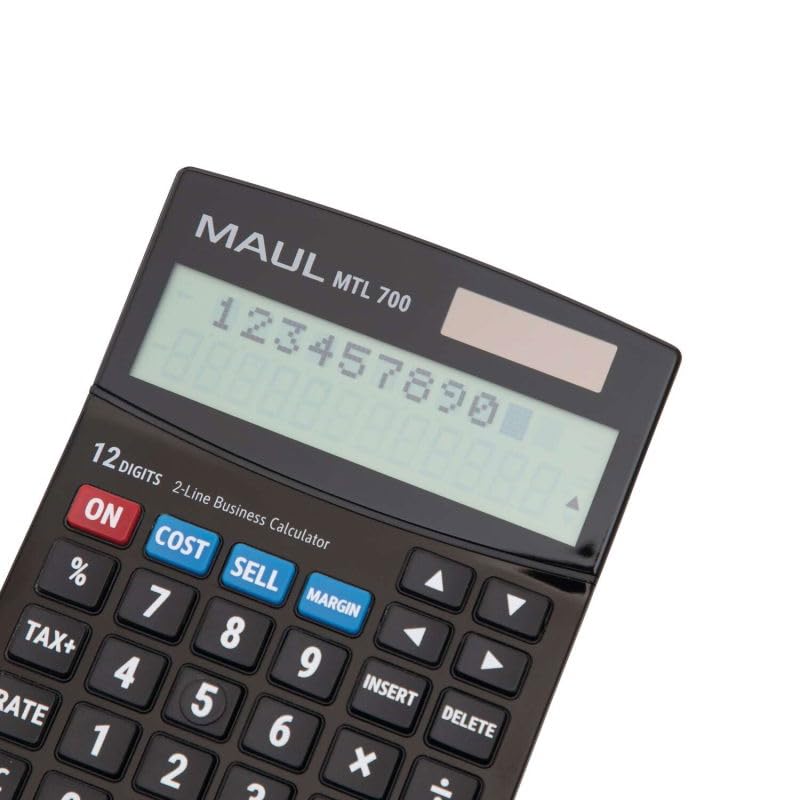 MAUL Taschenrechner MTL 700 | Kaufmännischer Tischrechner für Büro | Taschenrechner zweizeilig mit 12-Stellen Display | inkl. Steuerrechnung und Korrekturfunktion | Solar/Batterie | Schwarz