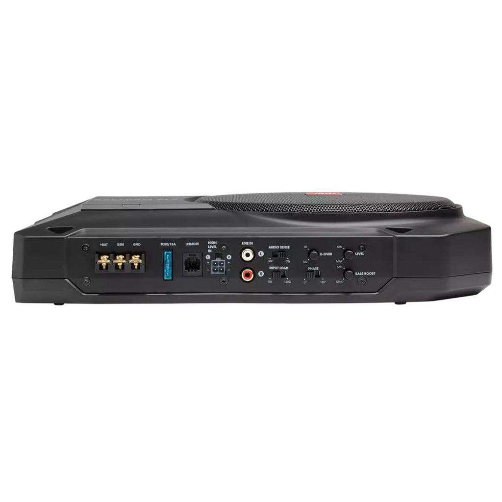 JBL BassPro SL2 Aktiv Subwoofer Auto Set - Car hifi Untersitz Bassbox Gehäuse mit Bassreflex Woofer box groß 200mm und 125 Watt aktiver Verstärker, Schwarz, 44
