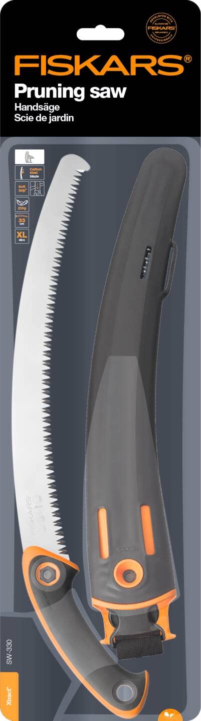 Fiskars Profi Handsäge für frisches Holz, Grobzahnung, Hochwertiges Stahl-Sägeblatt, Inklusive Aufbewahrungsköcher, Schwarz/Orange, Sägeblattlänge: 33 cm, SW-330, 1020199