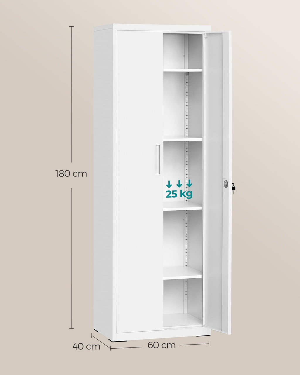 SONGMICS Aktenschrank, Mehrzweckschrank, Aufbewahrungsschrank, 5 Ebenen, 40 x 60 x 180 cm, Doppeltüren, Schloss, Werkzeug, verstellbare Ablagen, Garage, Büro, Wohnzimmer, mattweiß OMC014W01
