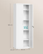 SONGMICS Aktenschrank, Mehrzweckschrank, Aufbewahrungsschrank, 5 Ebenen, 40 x 60 x 180 cm, Doppeltüren, Schloss, Werkzeug, verstellbare Ablagen, Garage, Büro, Wohnzimmer, mattweiß OMC014W01