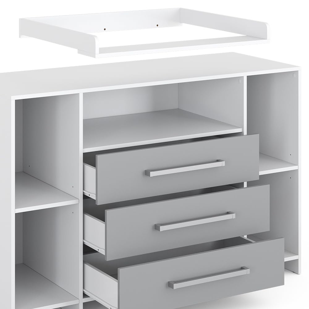 Vicco Wickelkommode Oskar, Wickelaufsatz für die Kommode, Grau, 143 x 100 cm XL mit Schubladen