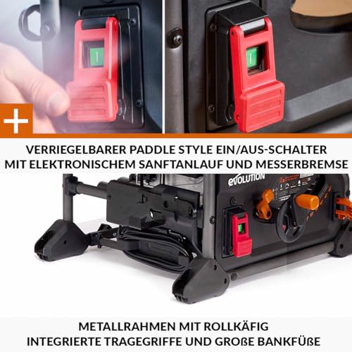 Evolution Power Tools R255TBL+ tischkreissäge, Tischsäge Tragbares Multi-Material-Sägeblatt im Lieferumfang enthalten Schneidet Holz Metall Kunststoff, 45˚ Fase, +/- 60˚ Gehrungswinkel, 1800w Motor